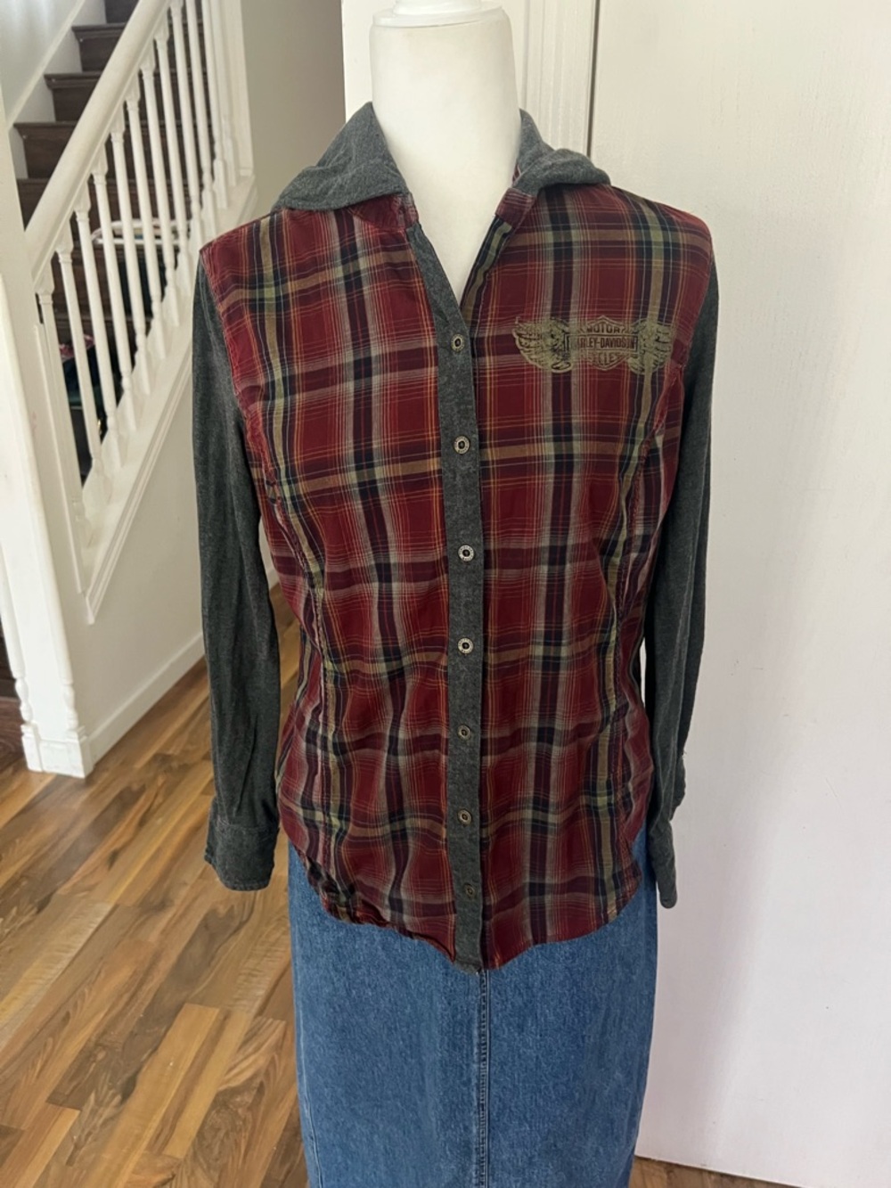Harley-Davidson Red Plaid Button-Down Shirt with Harley Logo on Back, Small